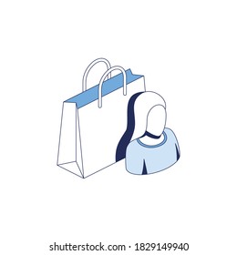 Chica compradora de bolsos. Vector 3d línea isométrica, color de iconos web conjunto, nuevo estilo plano. Ilustración creativa, idea para infografías.