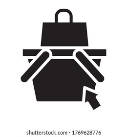 bag in a shopping basket and web cursor icon over white background, silhouette style, vector illustration