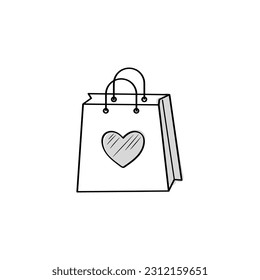 Bag shopping heart sign. Favorite store, favorites, like. Cute vector icon in doodle style on a white background.