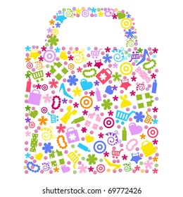 Bag For Shopping With Icons, Isolated On White Background, Vector Illustration