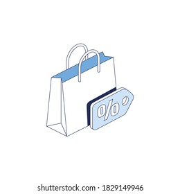 Bag shopping package price tag sale. Vector 3d line isometric, color web icons set, new flat style. Creative illustration, idea for infographics.
