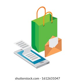 bag shopping with smartphone and envelope vector illustration design