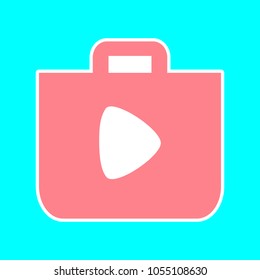 Bag shopping with space for logo icon. Vector. Magenta icon with white sticker contour at sky blue background. Isolated.