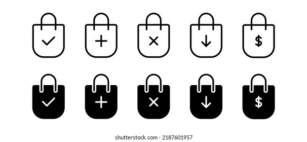 Bag shopping vector icon set. Symbol adding product to purchases for apps and website. 