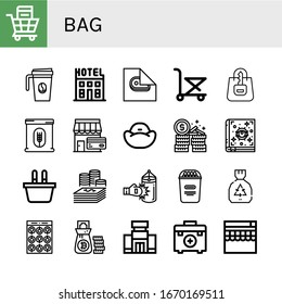 bag simple icons set. Contains such icons as Shopping cart, Coffee cup, Hotel, Wrapping, Trolley, Shopping bag, Flour, Shop, Bean bag, Money, can be used for web, mobile and logo