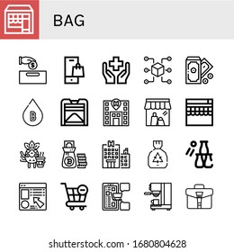 conjunto de iconos sencillos de bolsa. Contiene iconos como Tienda, Dinero, Bolsa de Compras, Salud, Paquetes, Tipo de Sangre, Compost, Hotel, Tienda en línea, Café, Bolsa de Dinero, puede ser usado para web, móvil y logo