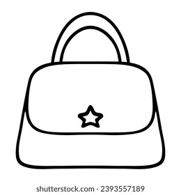 Bag. Sketch. A women's accessory with an overlapping top lid and a short carrying handle. Star shaped latch. Vector illustration. Doodle style. Outline on isolated background. Capacious attribute 