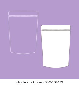 Una bolsa para refrigerios en broma. La plantilla de empaquetado se burla. Concepto de servicio de entrega. Copiar espacio. Ilustración lineal, vectorial, realista, de contorno.