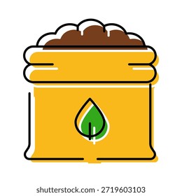 Bag of soil or compost, featuring a green leaf icon on a yellow sack, representing organic gardening, healthy growth, and sustainable agriculture in a colorful outline style