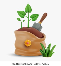 Bag of soil or organic fertilizer for garden. 3d cartoon design composition in modern minimal style. Vector bright concept or illustration.