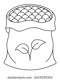 A bag of soil. Peat for seedlings in a bag. Sketch. Vector illustration. Outline on an isolated white background. Doodle style. There is a sprout on the label. Coloring book for children. 