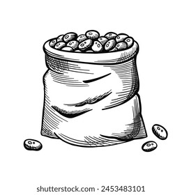 Bag of soybeans, rice. Hand drawn vector illustration. Vector illustration