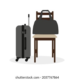 The bag stands on the chair and the suitcase stands next to the chair on a white background