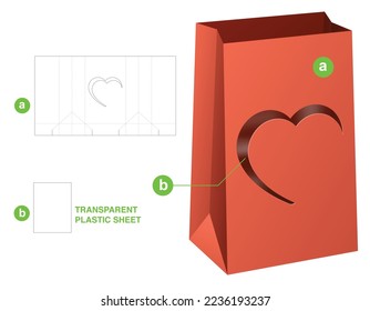 Bag with stenciled heart window die cut template and 3D mockup