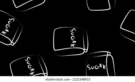 bag with sugar on a black background, vector illustration, pattern. paper bag filled with spices. sugar for baking. food for vegan. black and white illustration