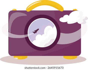 bag, suitcase for travel. Vacation. Airplane window. Vector illustration. Vacation postcard
