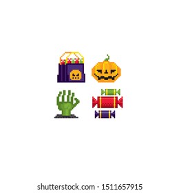 Bag with sweets, pumpkin, zombies, candies pixel art icon set. Element design for logo, stickers, web, embroidery and mobile app. Isolated vector illustration. 8-bit sprite.