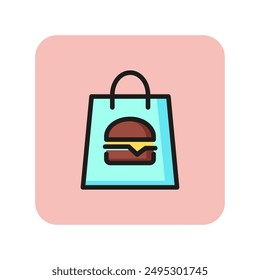 Bag with takeaway food line icon. Hamburger, delivery, takeout food. Takeaway food concept. Vector illustration can be used for topics like meal, unhealthy eating, service