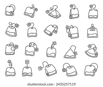 Bolsa de té. Página para colorear. Desayuno. Estilo dibujado a mano. Dibujo vectorial. Colección de elementos de diseño.