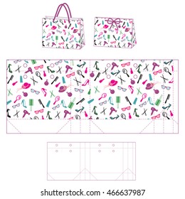 Bag template with accessories for girls, vector  illustration