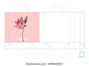 Maqueta de bolsa con flor de lirio. Diseño de vectores para la bolsa de compra.