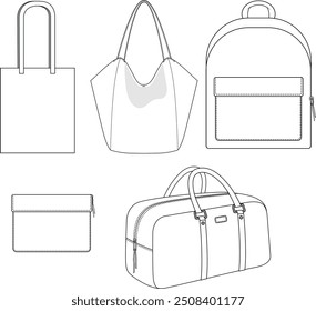 bag template set, hand-drawn bags on white background, women's fashion accessories