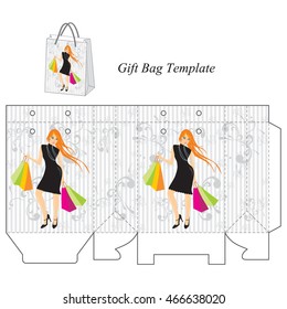 Bag template with shopping girl, vector illustration