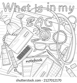 Bag and things on it.Cosmetics and accessories.Coloring book antistress for children and adults. Illustration isolated on white background.Zen-tangle style. Hand draw
