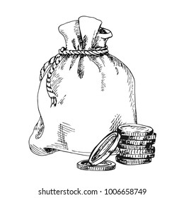 Bag tied with rope, coins. Sketch marker. Vector