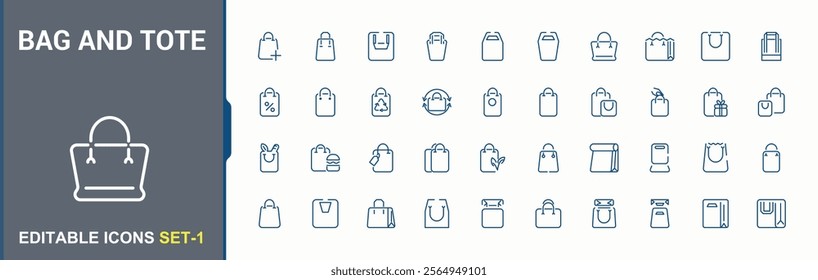 Bag and Tote icon set. Containing suitcase, shopping bag, buy, store, leather, plastic, business, fashion and more. Set of minimalist line pictogram. Editable stroke.