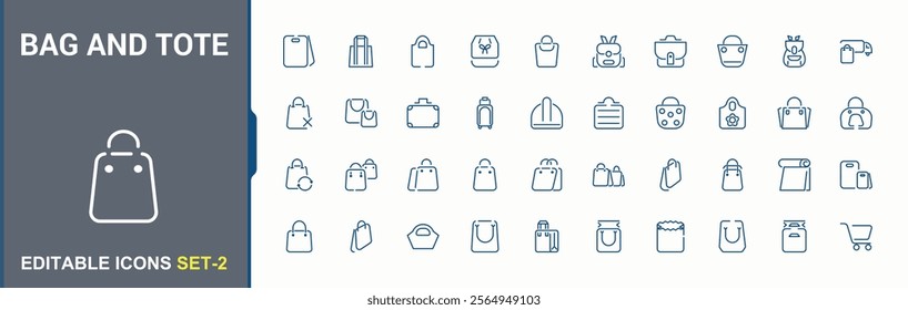 Bag and Tote icon set. Containing suitcase, shopping bag, buy, store, leather, plastic, business, fashion and more. Set of minimalist line pictogram. Editable stroke.