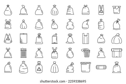 Bag for trash icons set outline vector. Food garbage. Dirty dustbin