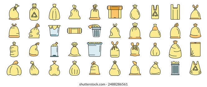 Bag for trash icons set outline vector. Food garbage. Dirty dustbin thin line color flat on white