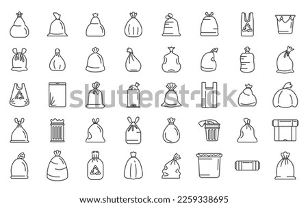 Bag for trash icons set outline vector. Food garbage. Dirty dustbin