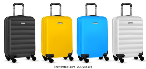 Bag travel. Colorful travel plastic suitcase or vacation baggage bag collection isolated on white background. Copy space of summer vacation and business travel concept.