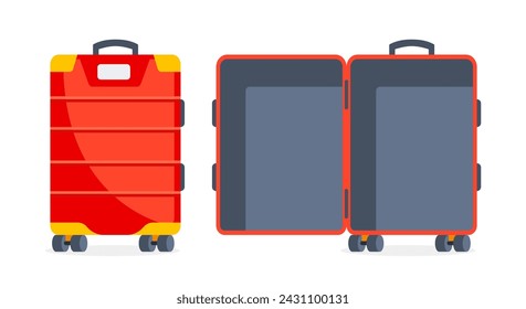 Bag travel. Empty open red suitcase. Plastic luggage. Vector illustration