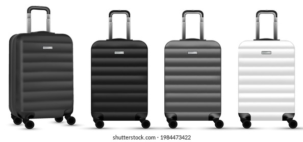 Bag travel. Silver travel plastic suitcase or vacation baggage bag collection isolated on white background. Copy space of summer vacation and business travel concept.