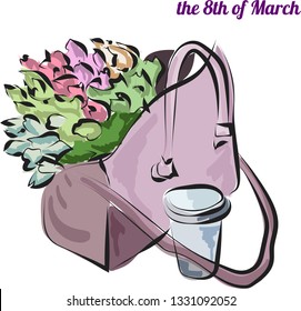 Bag with tulips and cup of coffee on march 8 th vector EPS10