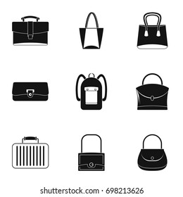 Bag types icon set. Simple style set of 9 bag types vector icons for web isolated on white background