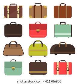 Bag types isolated travel case for man or woman. Luggage suitcase journey trip and case voyage baggage leather handbag.