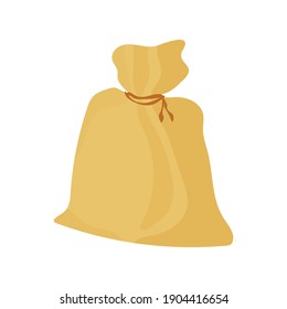 Bag vector icon, money bag flat simple cartoon illustration with brown lace. Old fabric bag for storing grain and cereals. Stock vector illustration isolated on white background. Storage pouch icon.