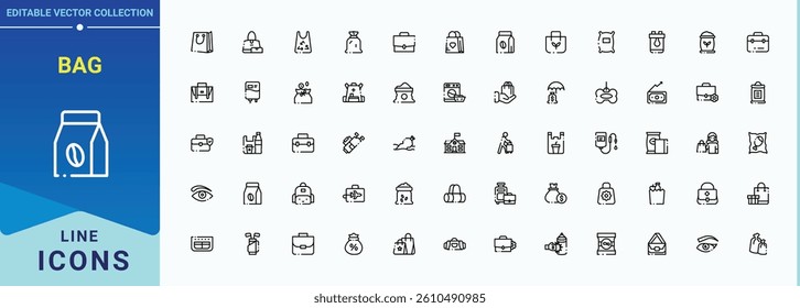 Bag vector icon set. Contains such symbols as shopping, shopping pack, shop and more. Vector icons collection. Handbag line icon. Editable vector. Pixel perfect.