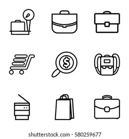 bag vector icons. Set of 9 bag outline icons such as lugagge weight, backpack, case, shopping bag, luggage cart, trash bin
