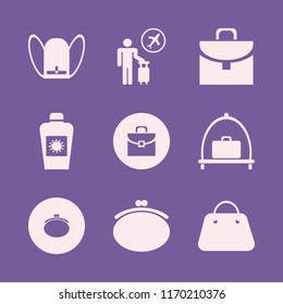 bag vector icons set. with briefcase, tourist flying, baggage cart and school book bag in set
