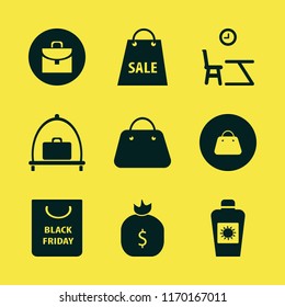 bag vector icons set. with shopping bag, baggage cart, sun oil and lesson begining in set