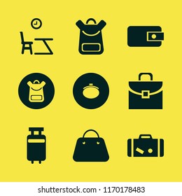 bag vector icons set. with suitcase, school book bag, lesson begining and purse in set