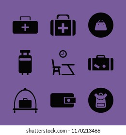 bag vector icons set. with suitcase, lesson begining, first aid bag and baggage cart in set