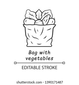 Bag with vegetables linear icon. Organic, healthy food. Natural products. Eco farming. Reusable, recycle bag. Thin line illustration. Contour symbol. Vector isolated outline drawing. Editable stroke