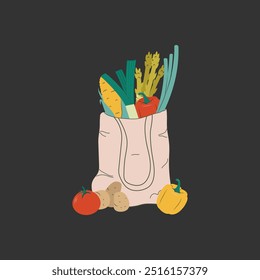 Bag of vegetables: red pepper, leek, onion, corn, asparagus, potato, tomato. Natural, organic food, farm products.Vector illustration.