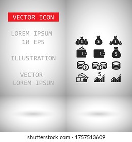Bag, wallet, money, card, rate, currency, bill, vector icon